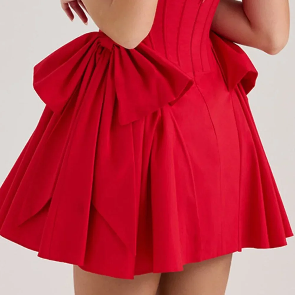 Bow V-Neck Sleeveless Mini Dress | New Formal Zipper Boned Dress - Picture 9 of 9